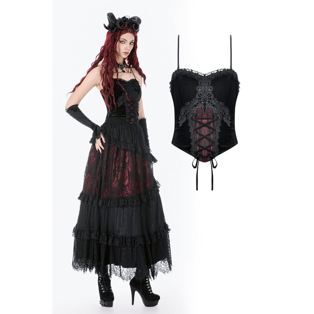 Dark in Love Gothic Black & Red Velvet Lace Corset with Straps