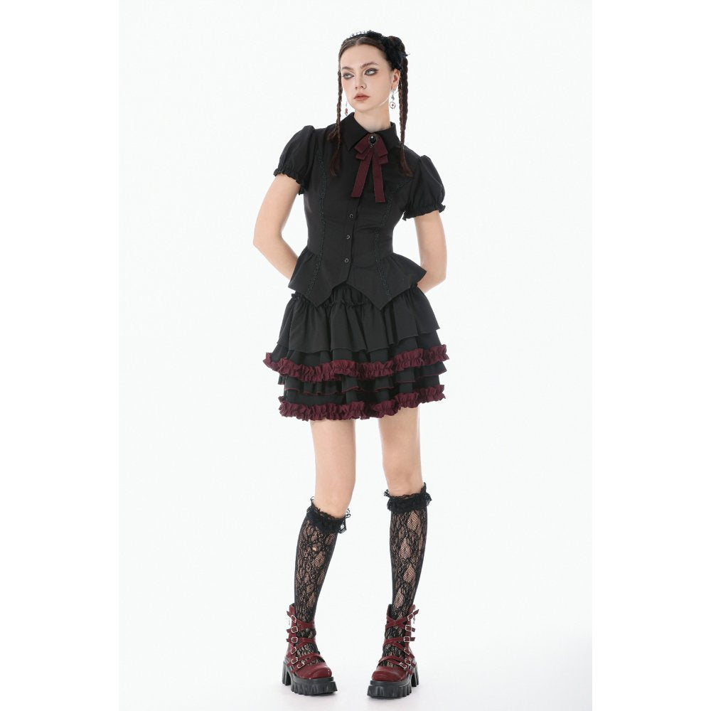 Dark in Love Black & Crimson Gothic Tiered Ruffle Mini Skirt