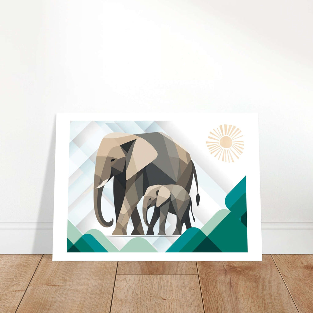 Elephant Duo Wall Art - Neutral Geometric Wildlife Illustration - Eco-Friendly Poster
