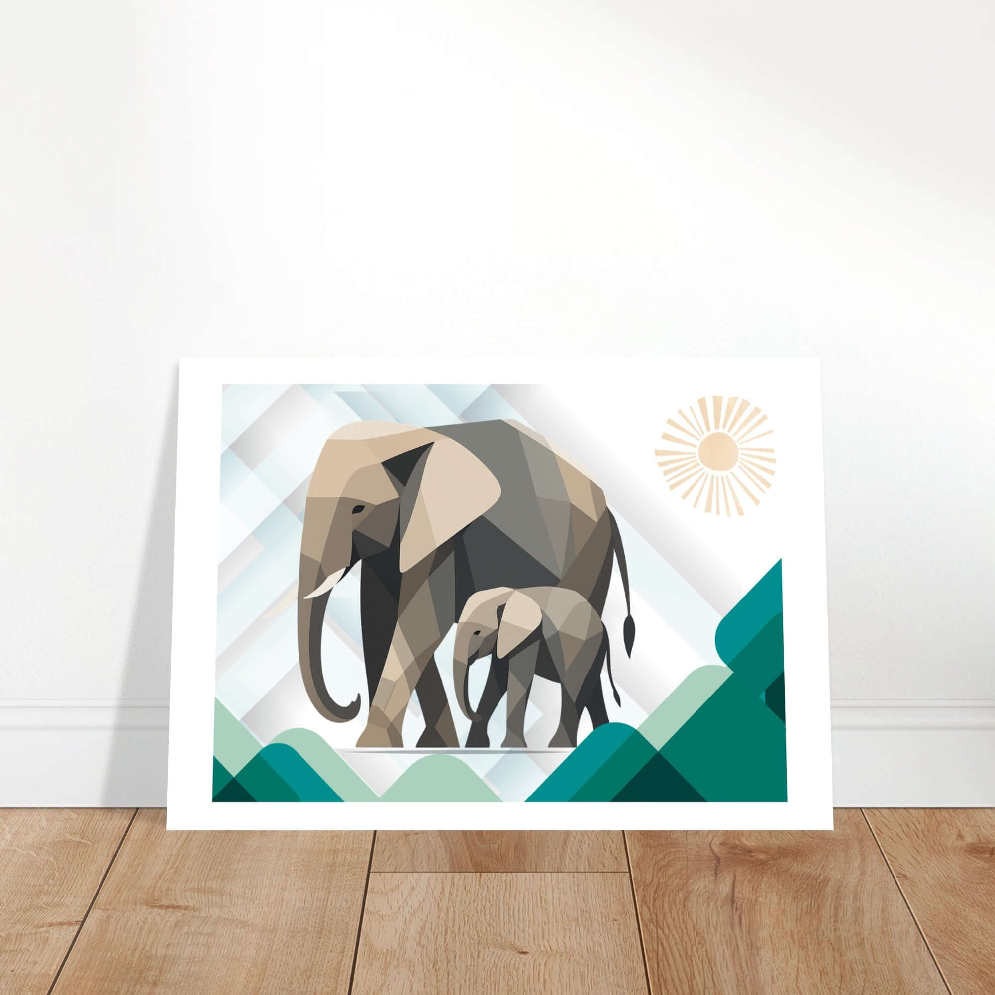 Elephant Duo Wall Art - Neutral Geometric Wildlife Illustration - Eco-Friendly Poster
