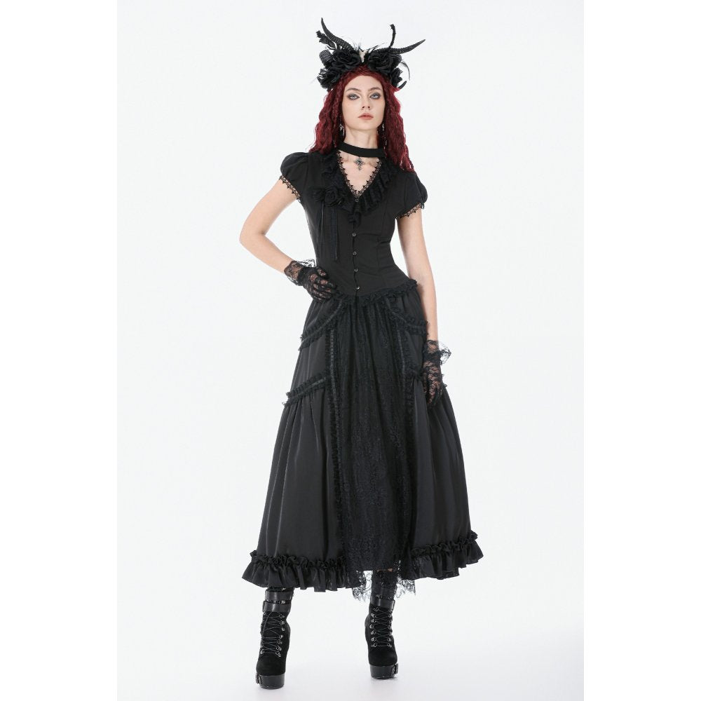 Dark in Love Courtly Cross Gem Gothic Blouse | Black Lace Puff Sleeve