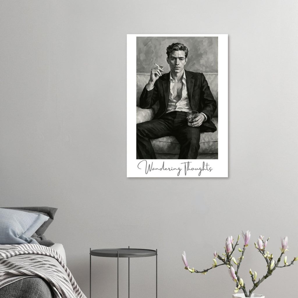 Contemplative Mood Poster. Stylish Man with Whiskey & Cigarette - Retro Decor