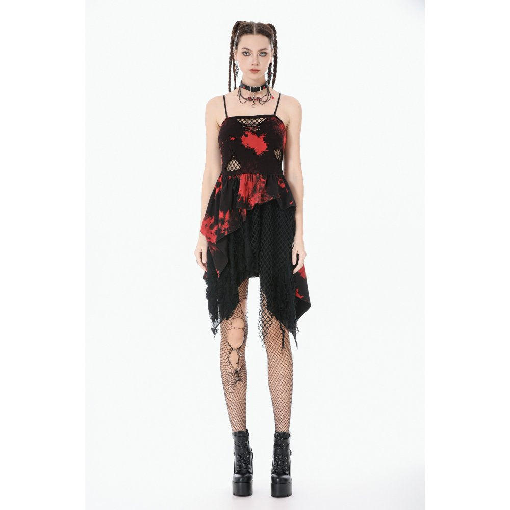 Dark in Love Red & Black Tie Dye Punk Dress | Asymmetric Mesh Goth Style