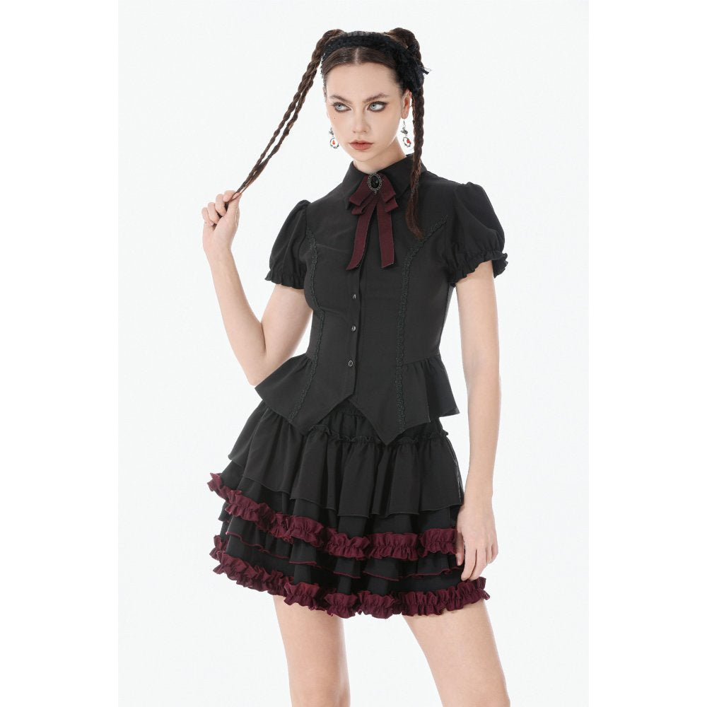 Dark in Love Black & Crimson Gothic Tiered Ruffle Mini Skirt