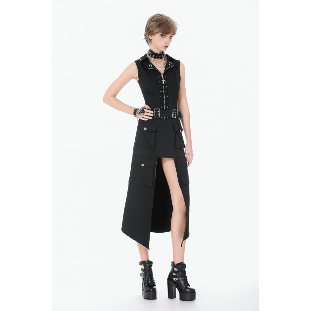 Dark in Love Black Punk Long Skirt – Layered Cutout Belted Gothic Skirt