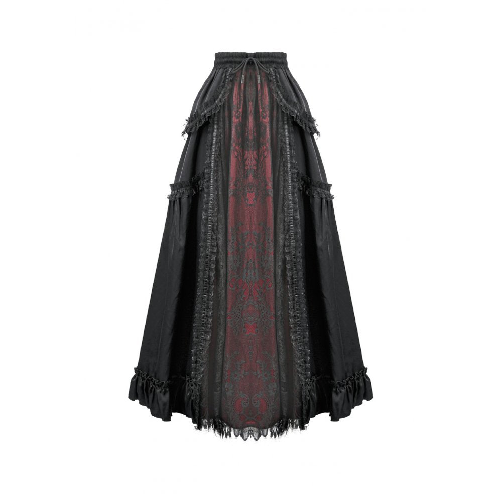 Dark in Love Gothic Victorian Crimson Lace Panel Maxi Skirt