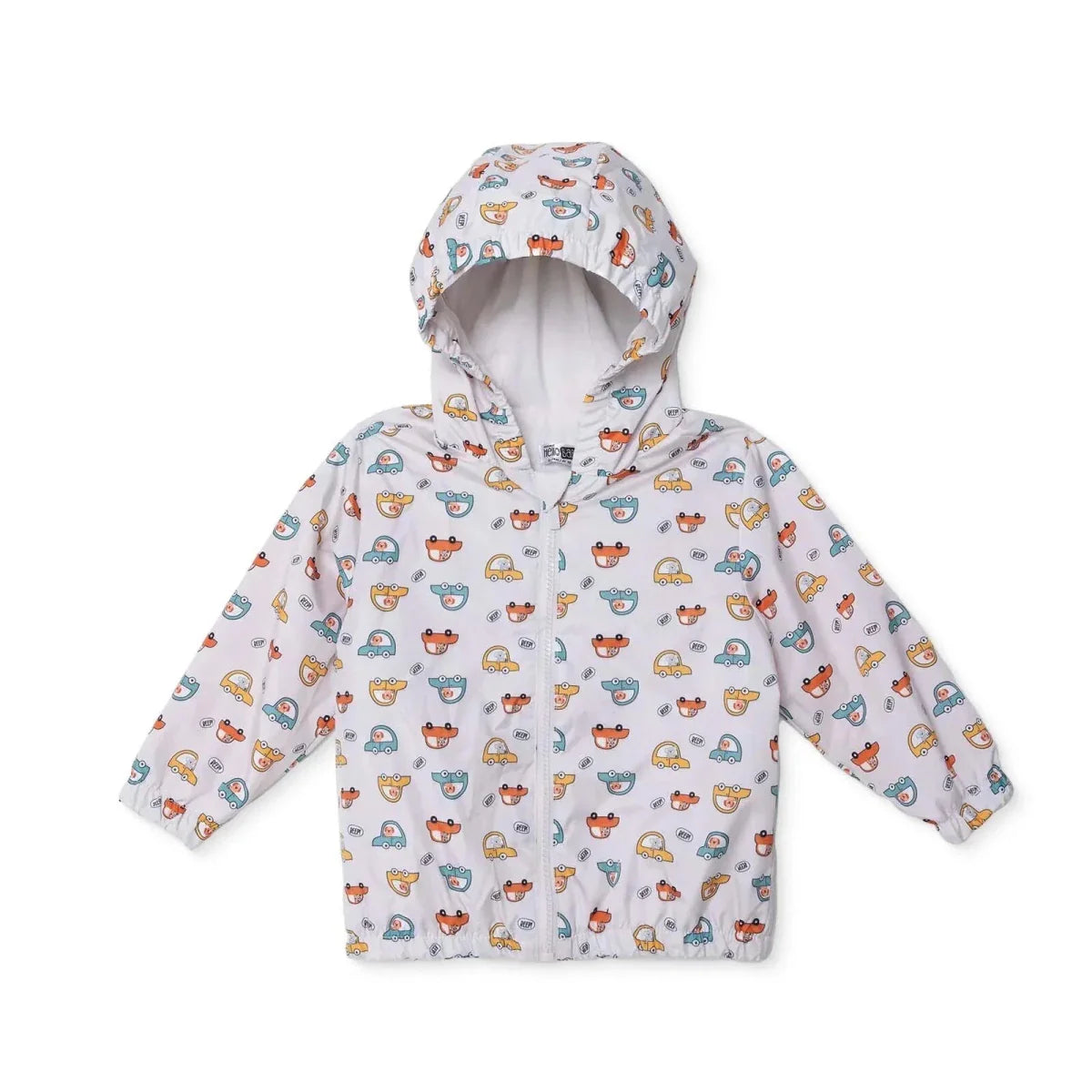 HelloBaby Boys Raincoat Car Print Zip Fastening Hooded Long Sleeve - Ecru Printed