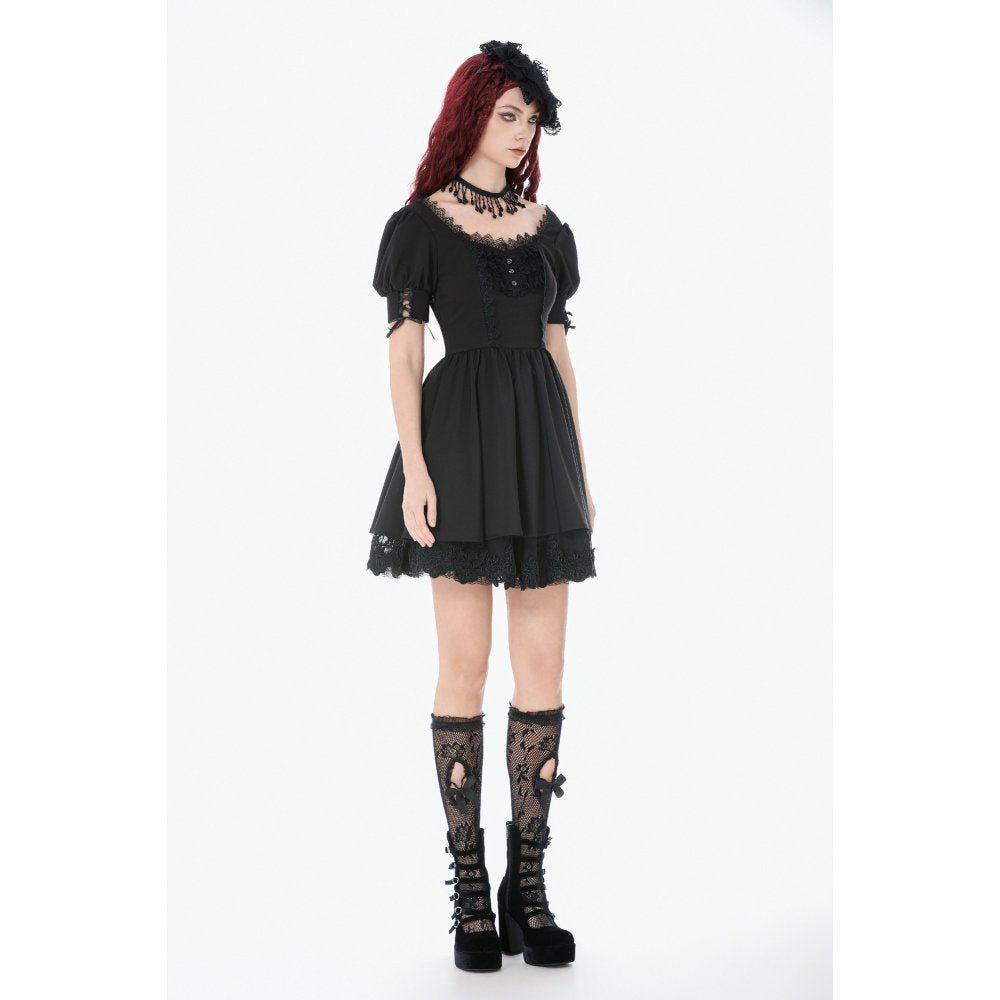 Dark in Love Gothic Lace Square-Neck Puff Sleeve Dress – Black