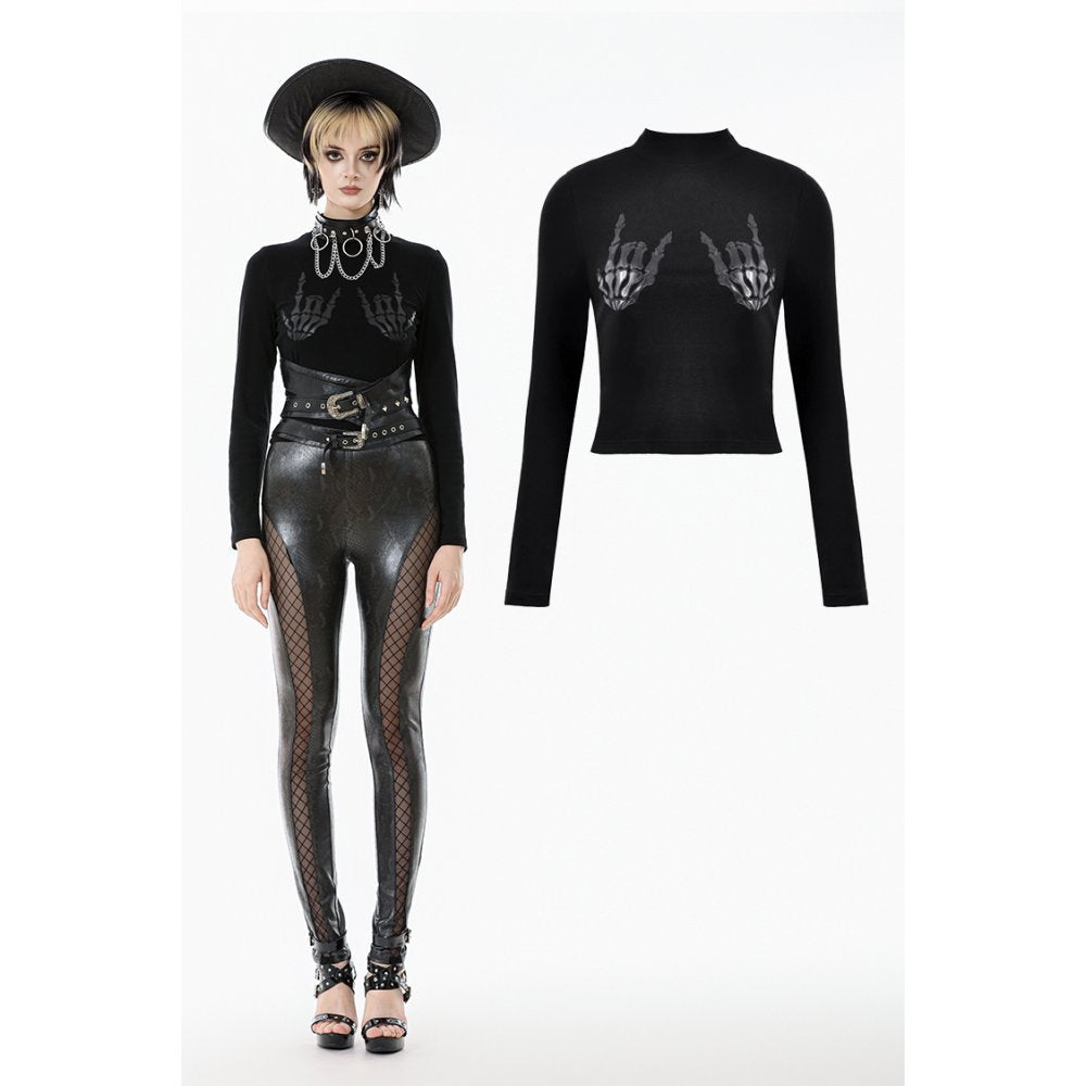Dark in Love Lilith Skeleton Hands Goth Top – Black Cotton Long Sleeve