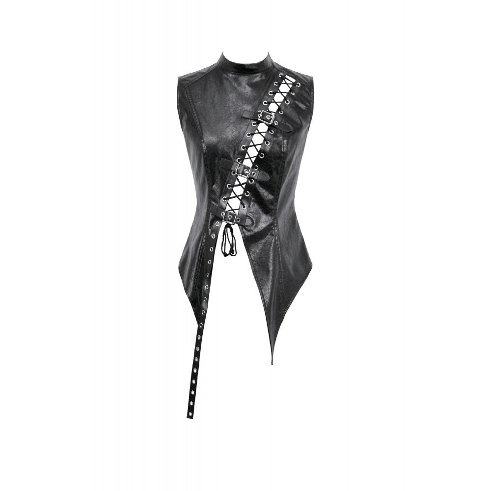 Dark in Love Black Distressed Leather-Look Lace-Up Punk Vest Top