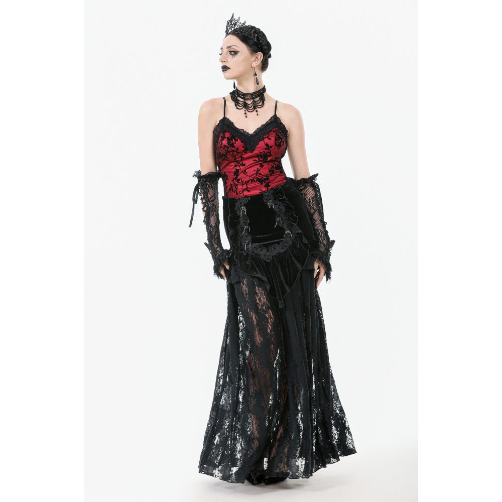 Dark in Love Gothic Lace Velvet Layered Maxi Skirt – Black Victorian