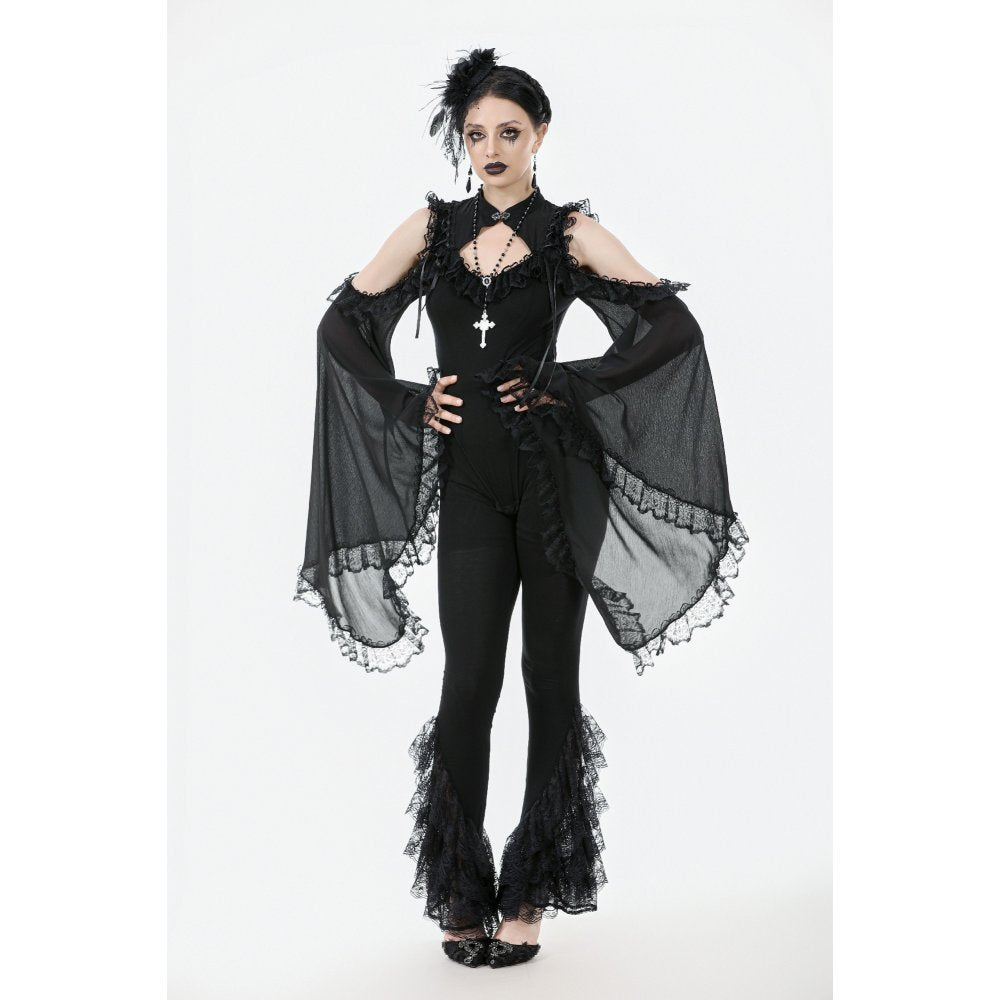 Dark in Love Goth Flare Leggings – Black High Waist Lace Frill
