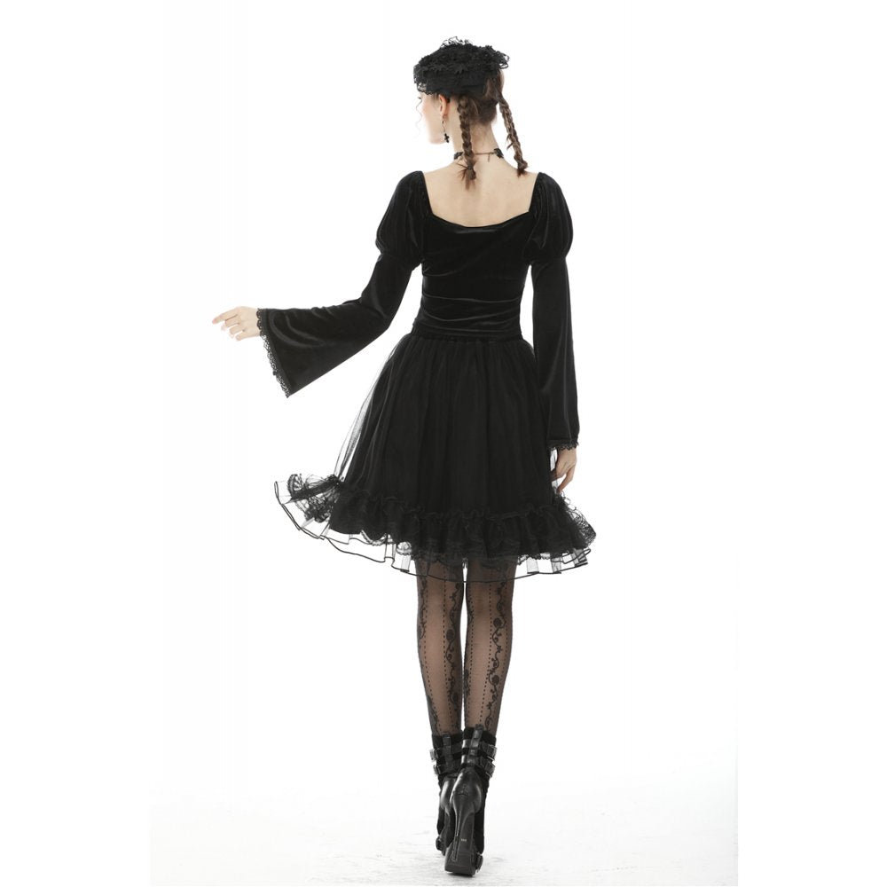 Dark in Love Melisandre Embroidered Velvet Mesh Goth Skirt - Black