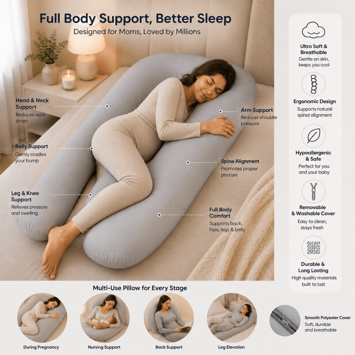 For Your Little One 9ft Maternity Pillow | Full Body Support - Light Blue