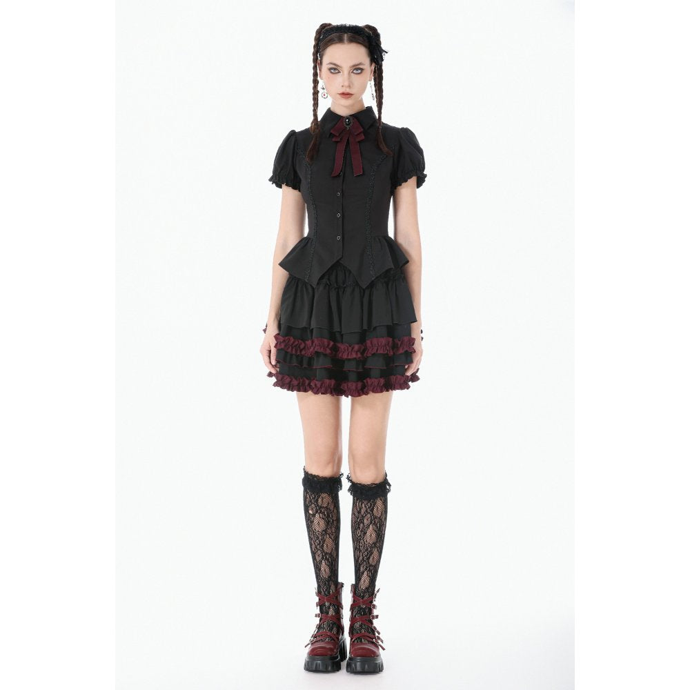 Dark in Love Black & Crimson Gothic Tiered Ruffle Mini Skirt