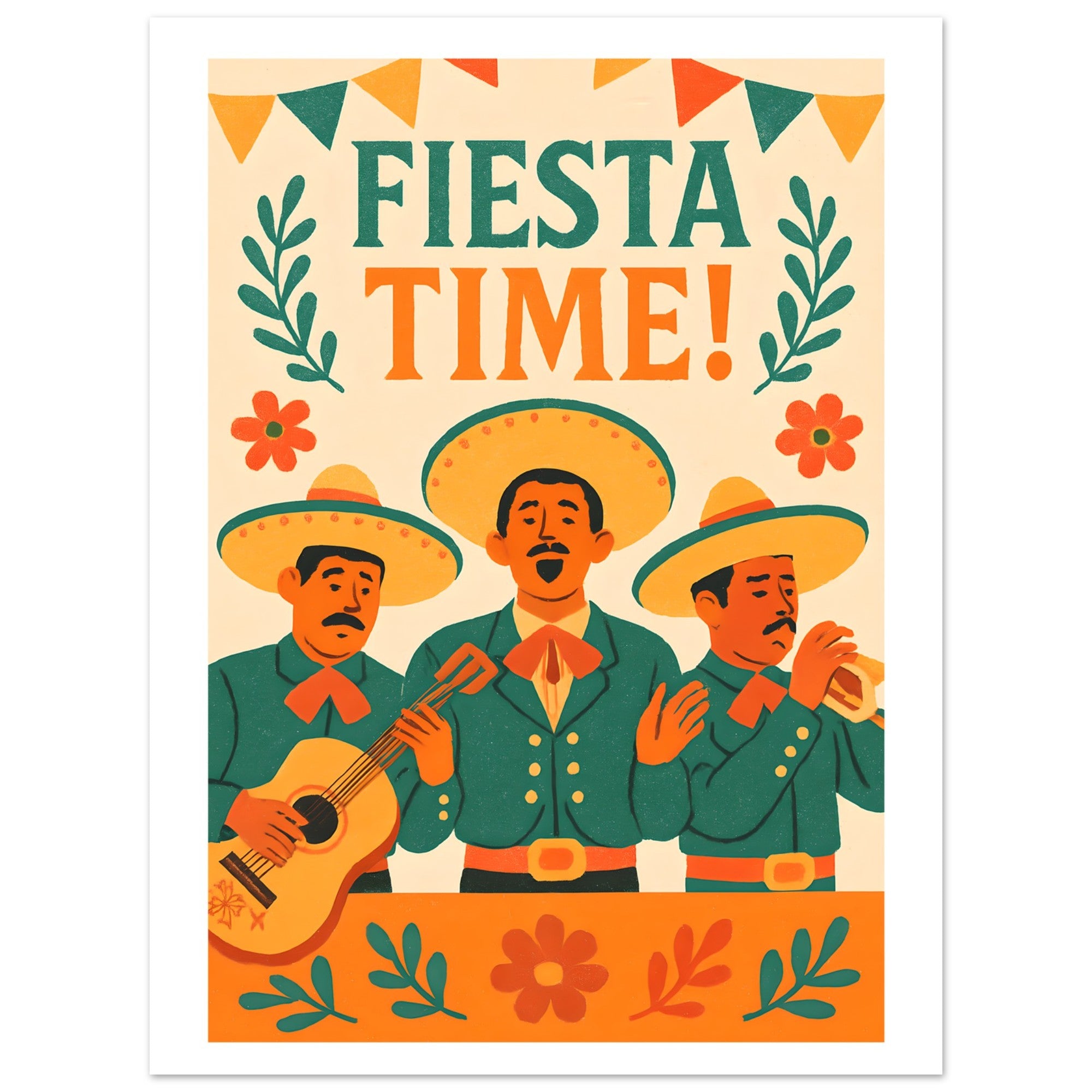 Fiesta Time Poster – Retro Mexican Wall Art – Vintage Mariachi Band Print – Colorful Festival & Cinco de Mayo Home Decor