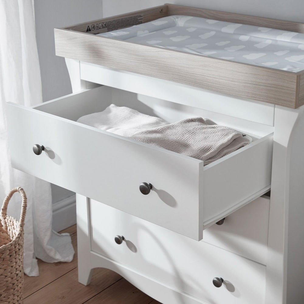CuddleCo Clara 2 Piece Nursery Furniture Set (Cot Bed & Dresser) - White/Ash