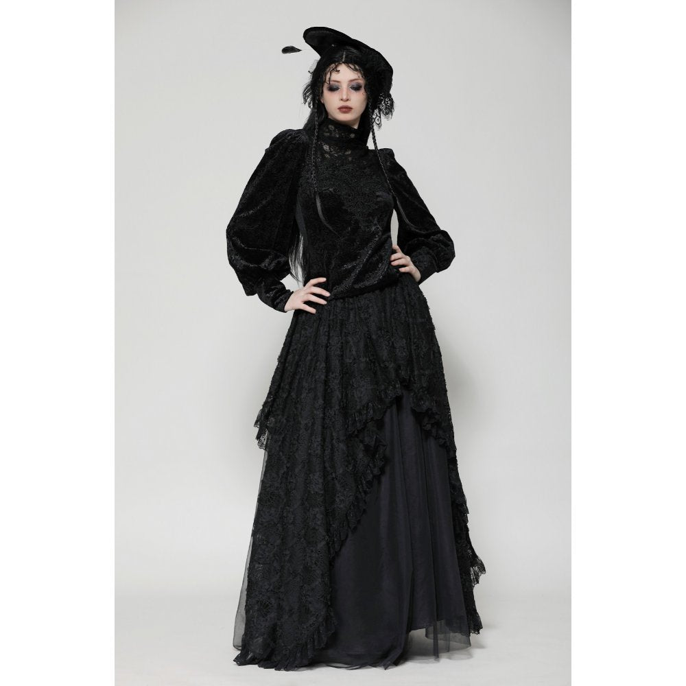 Dark in Love Cyra Gothic Jacquard Velvet Bell Sleeve Turtle Neck Top