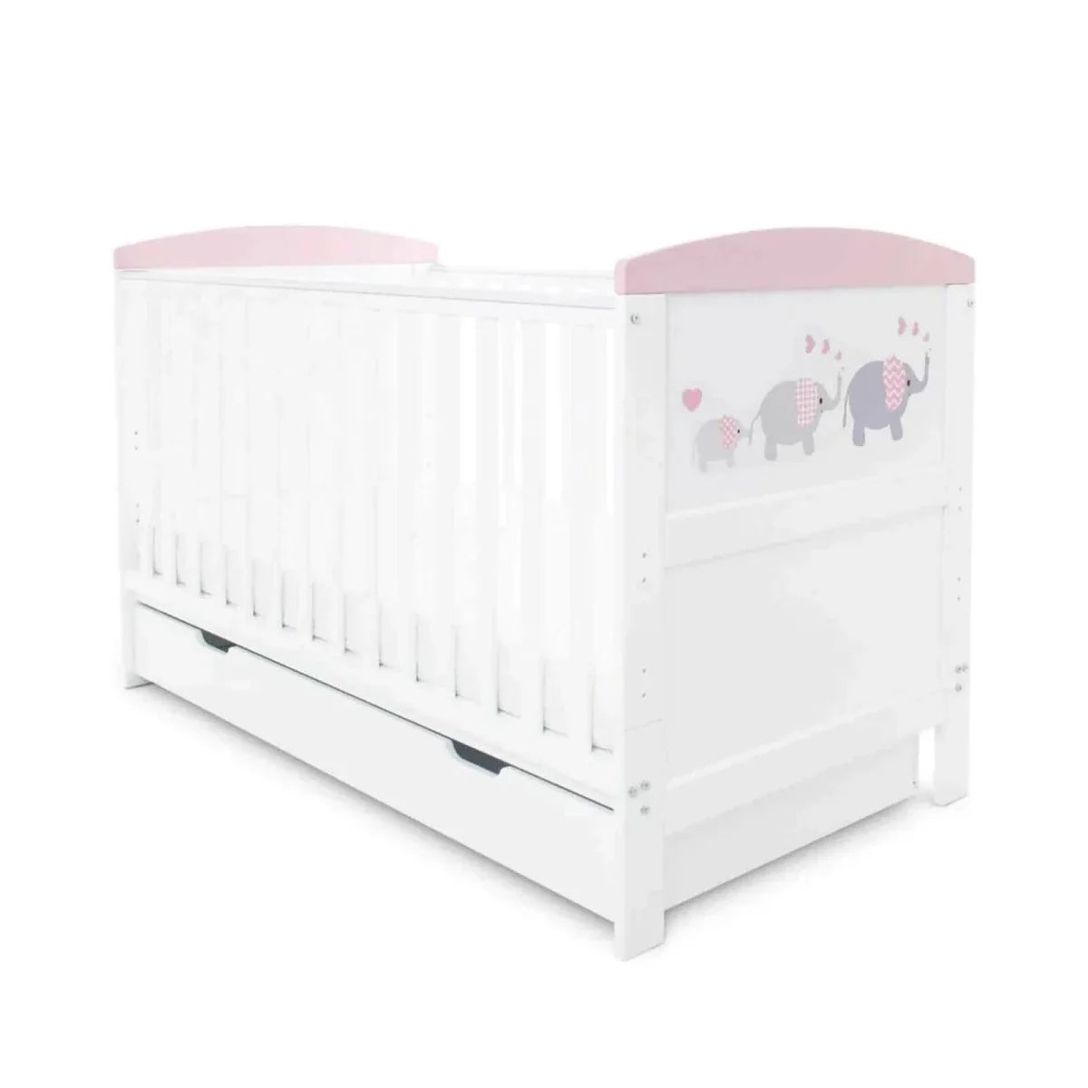 Ickle Bubba Coleby Style Cot Bed with Under Drawer Elephant Love Pink - Premium Sprung Mattress