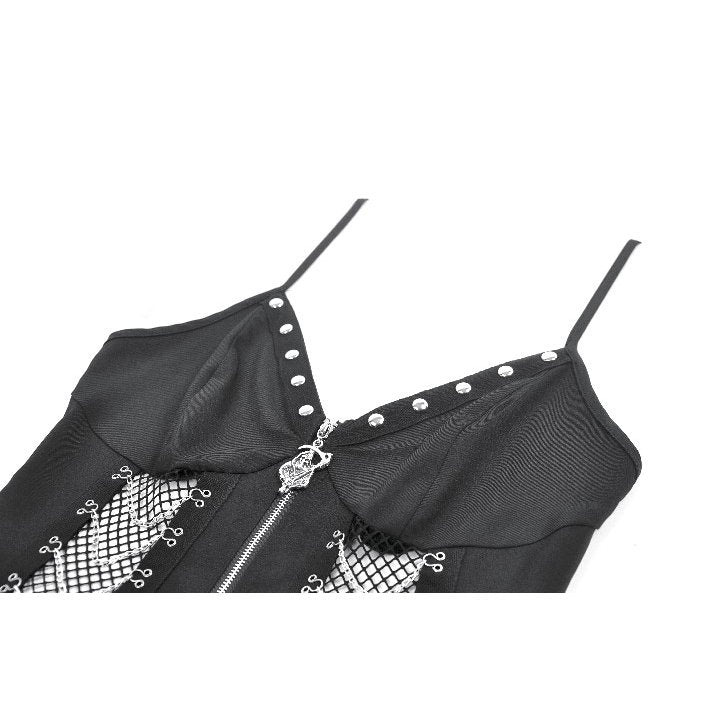 Dark in Love Black Punk Sleeveless Dress with Chains and Mesh