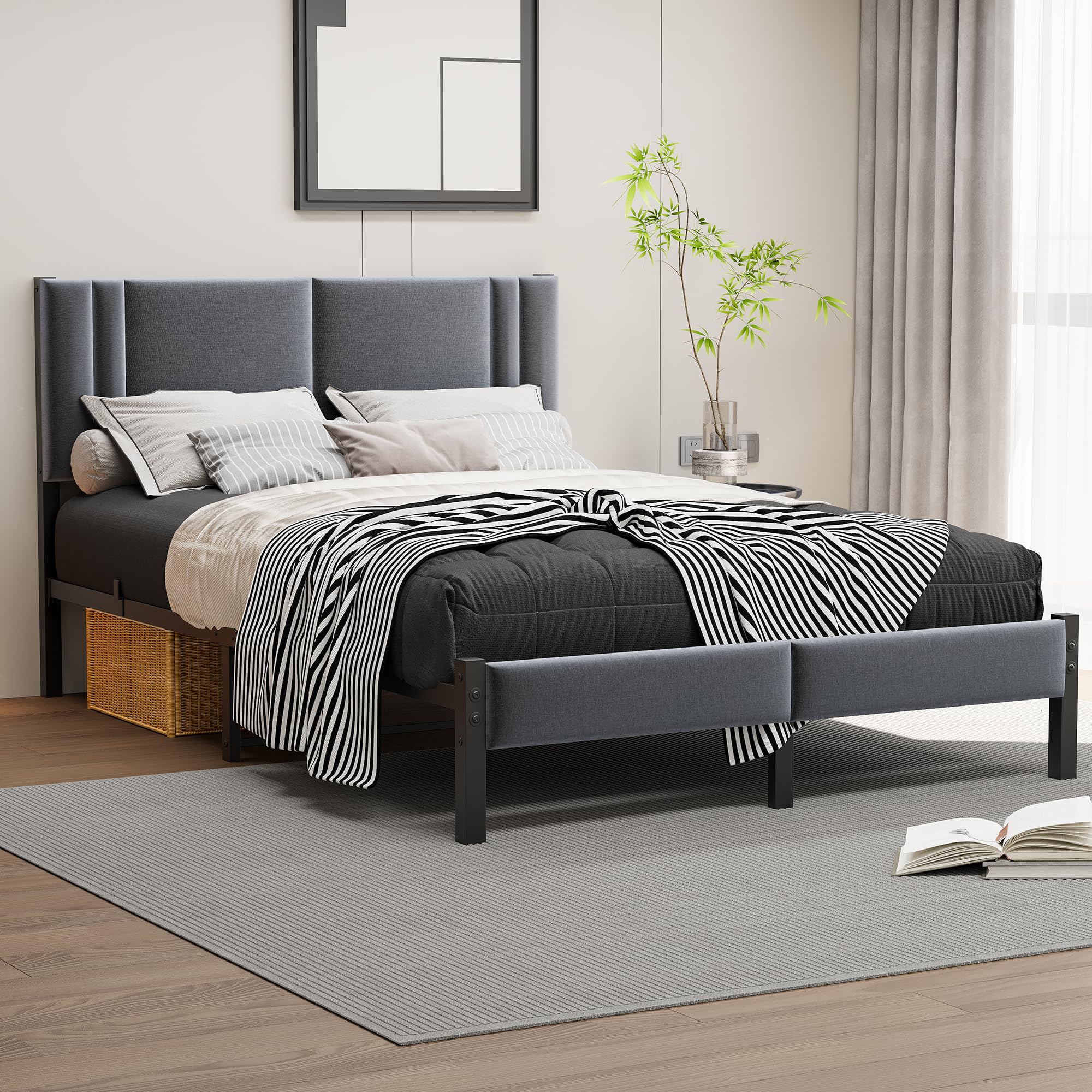 HAHRIR Double Bed Frame – Upholstered Platform with Linen Headboard