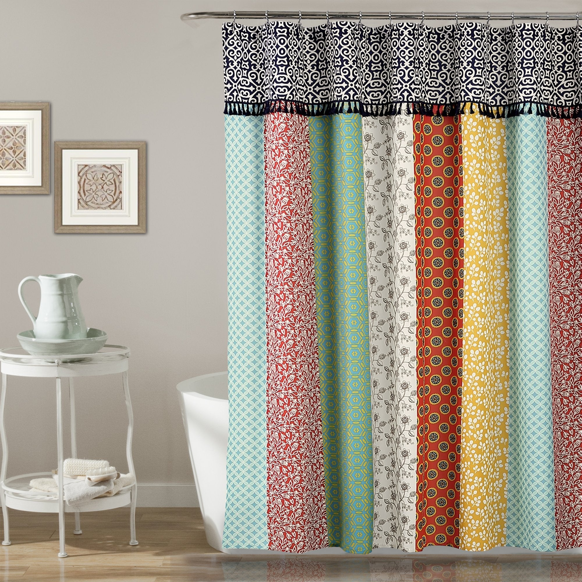 Lush Decor Boho Patch Shower Curtain – Colorful Stripe Fabric with Tassels