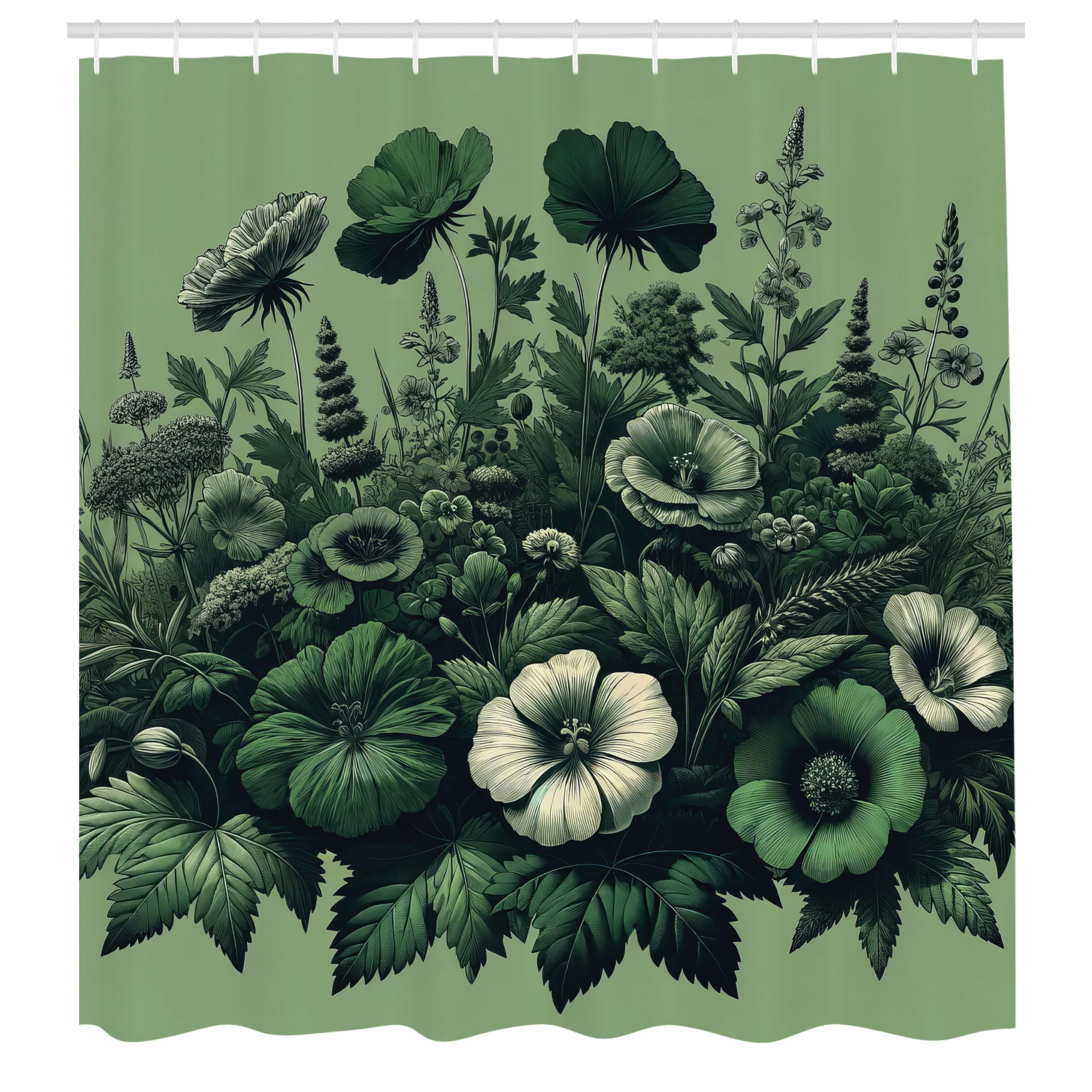 Abakuhaus Wildflowers Shower Curtain – Emerald Green Waterproof Fabric