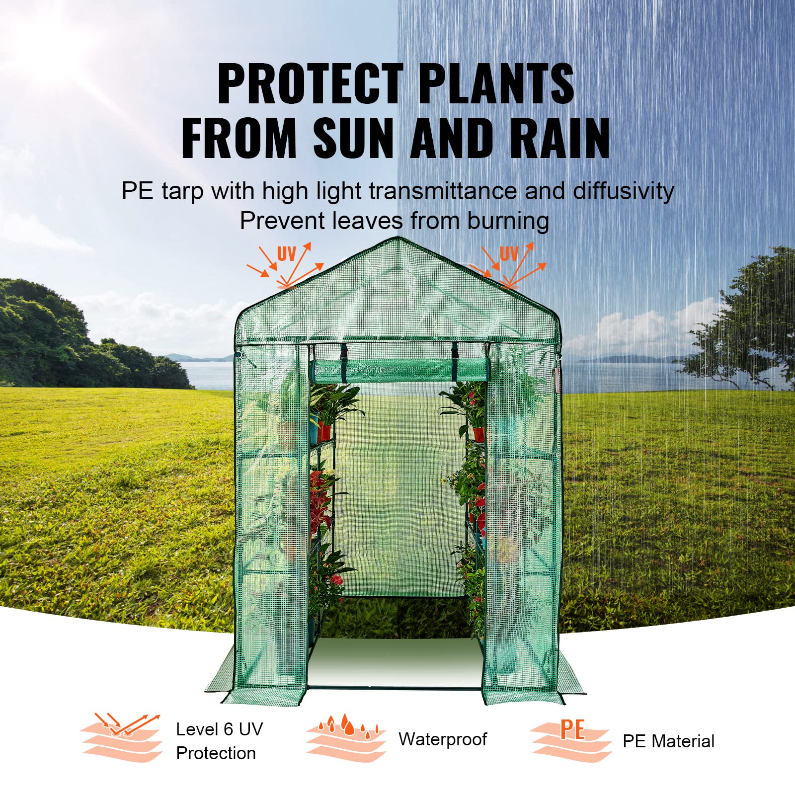 VEVOR Walk-in Greenhouse with Shelves | 4.6x4.6x6.6 ft PE Cover