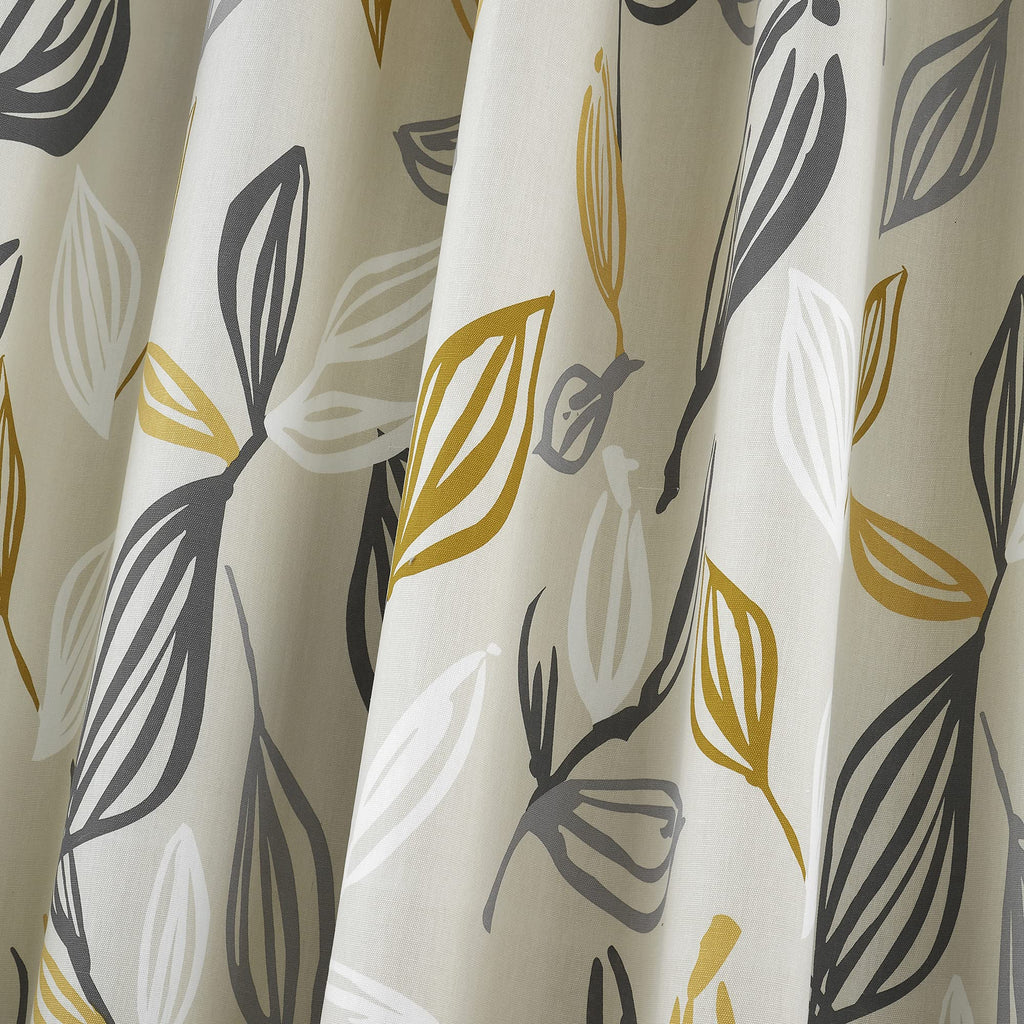 Fusion Grey & Ochre Leaf Print 100% Cotton Eyelet Curtains - 90x72in