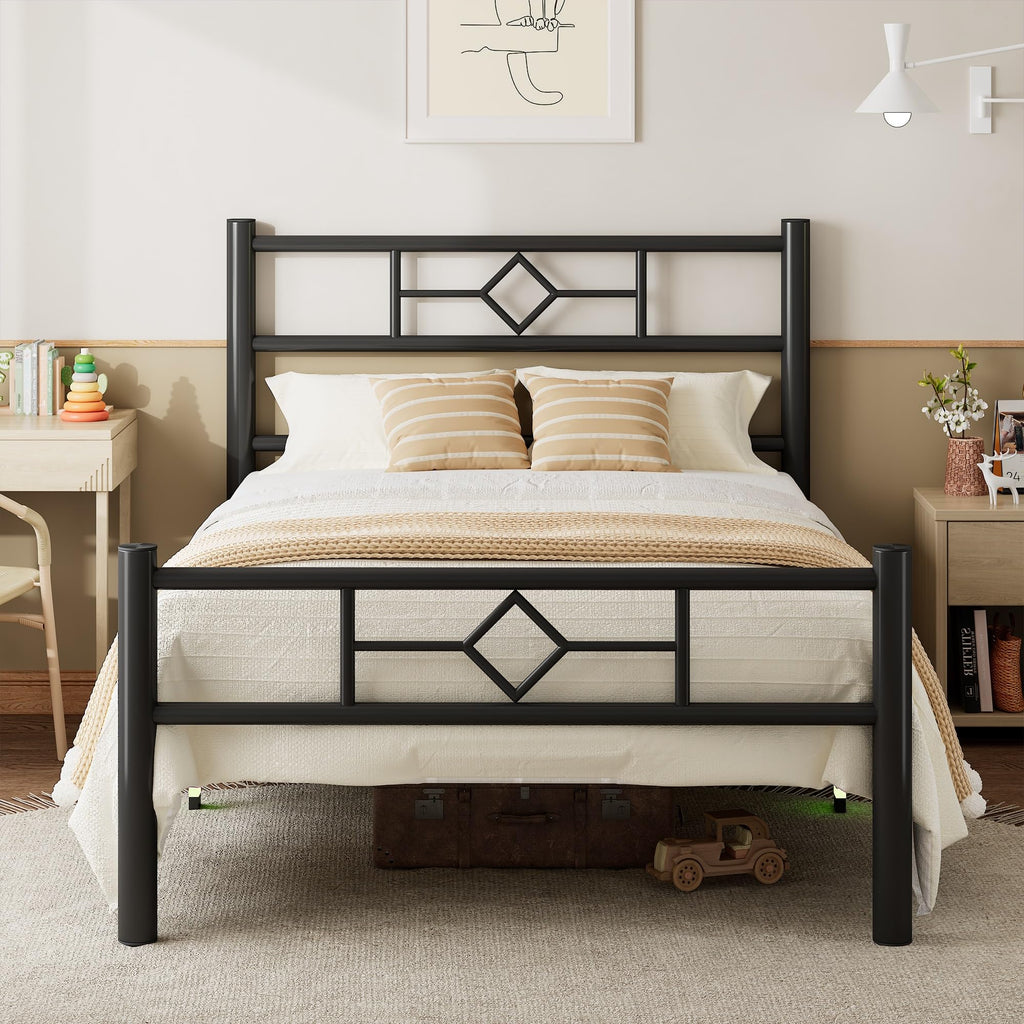 Feonase Single Bed Frame with Headboard and Footboard, Metal Platform Bed Frame Single with Underbed Storage, Solid Metal Slats Support