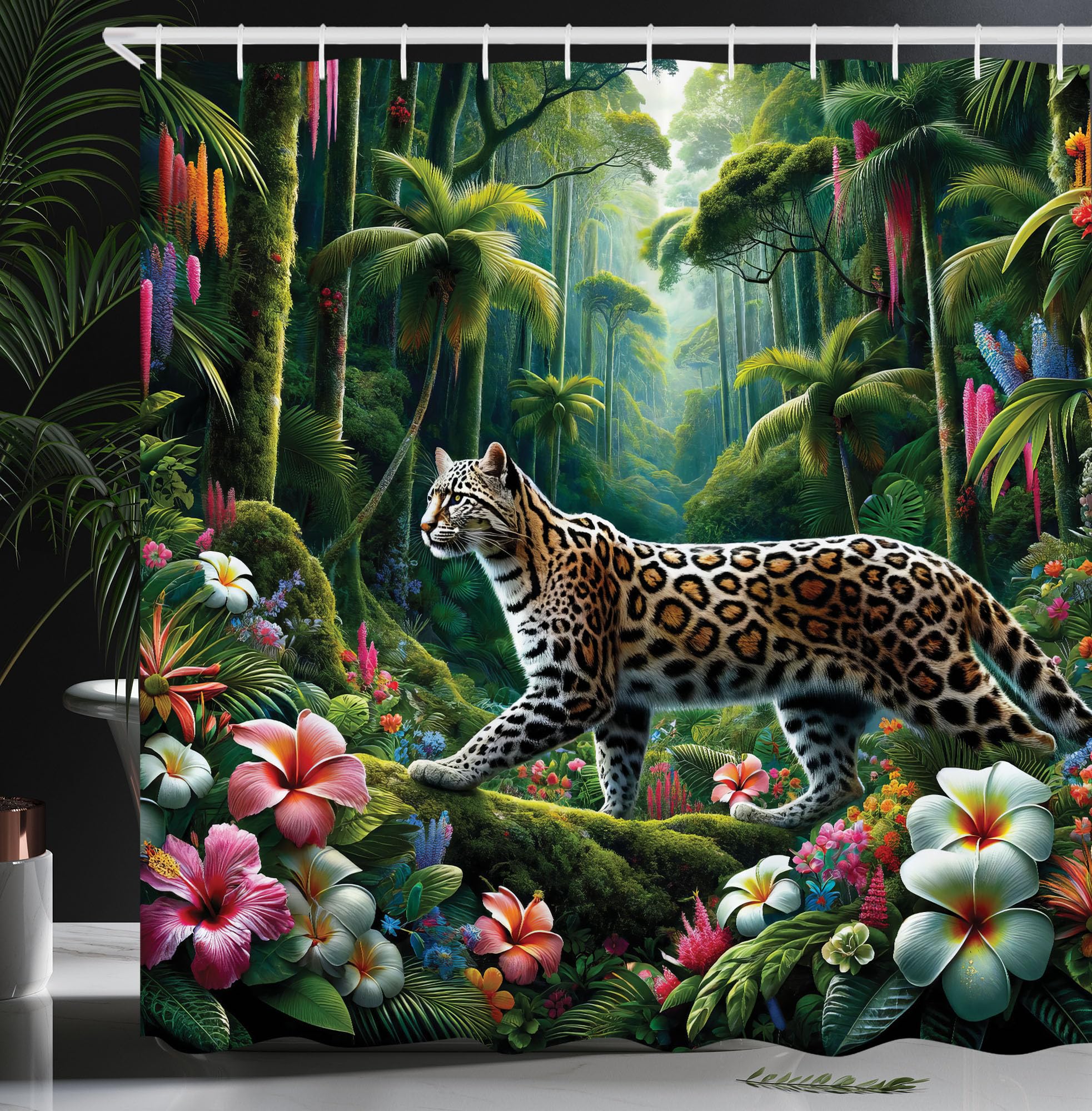 Abakuhaus Cat Shower Curtain – Exotic Floral Jungle Fabric Decor, 175x200cm