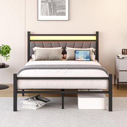 FOUBAM Double Bed Frame | Upholstered Metal Platform with LED & USB