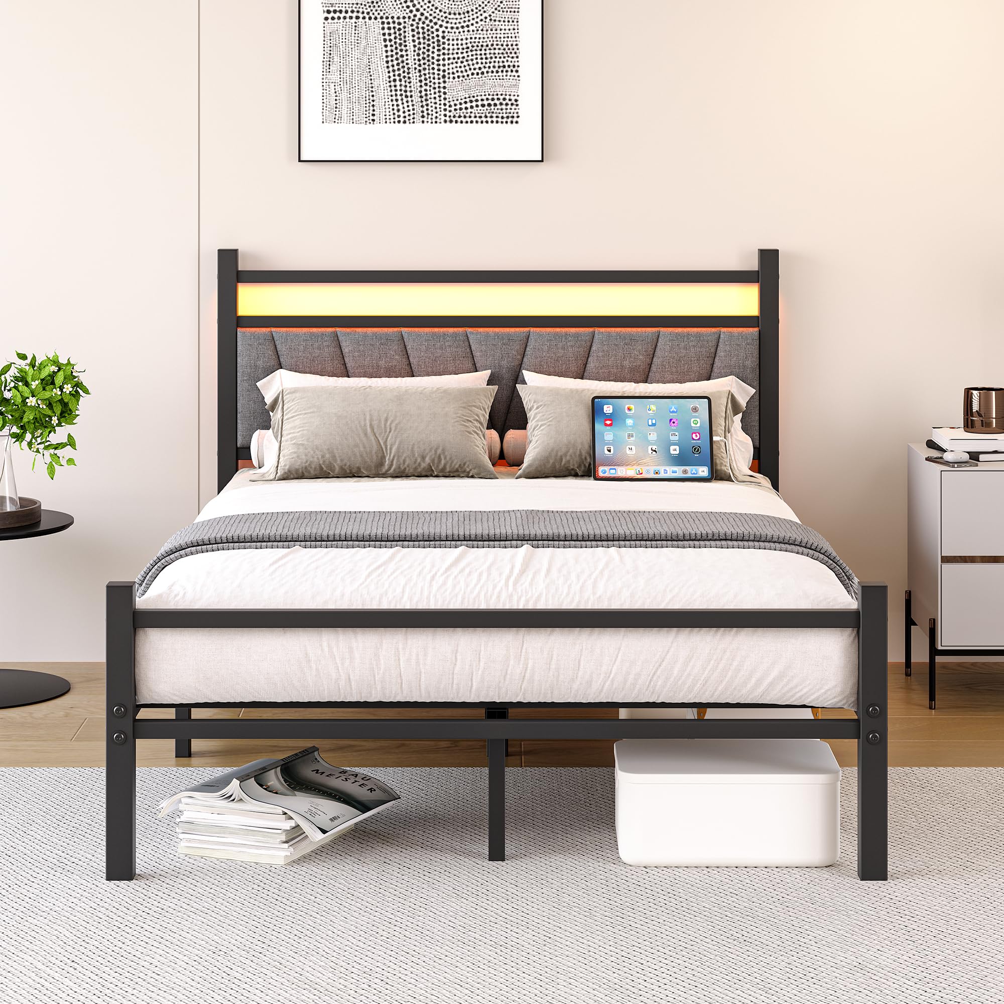 FOUBAM Double Bed Frame | Upholstered Metal Platform with LED & USB