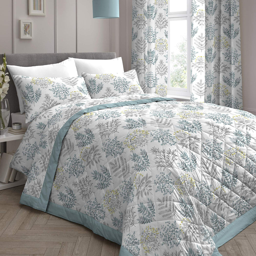Dreams & Drapes Duck Egg Floral Fern Quilted Bedspread – Reversible Design