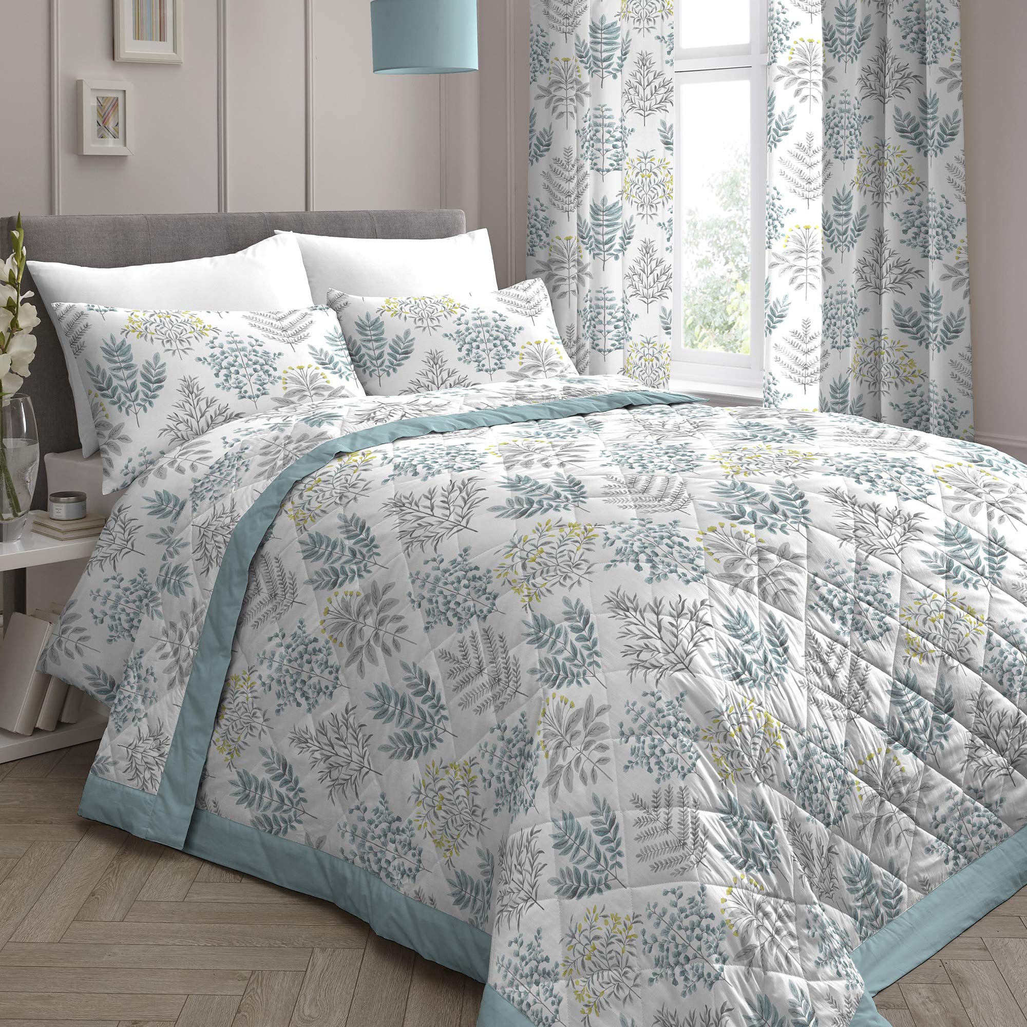 Dreams & Drapes Duck Egg Floral Fern Quilted Bedspread – Reversible Design