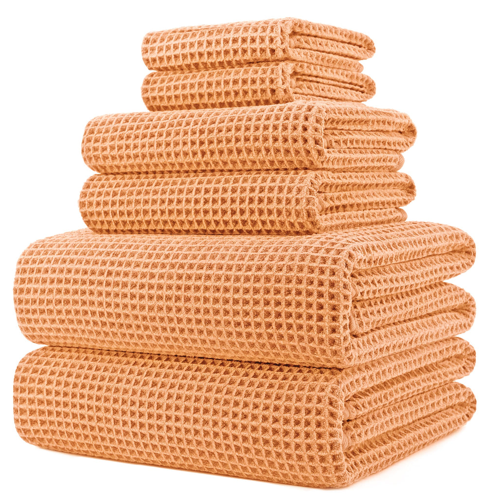 Polyte Microfiber Waffle Weave Bath Towel Set - 6 Piece Quick Dry - Orange