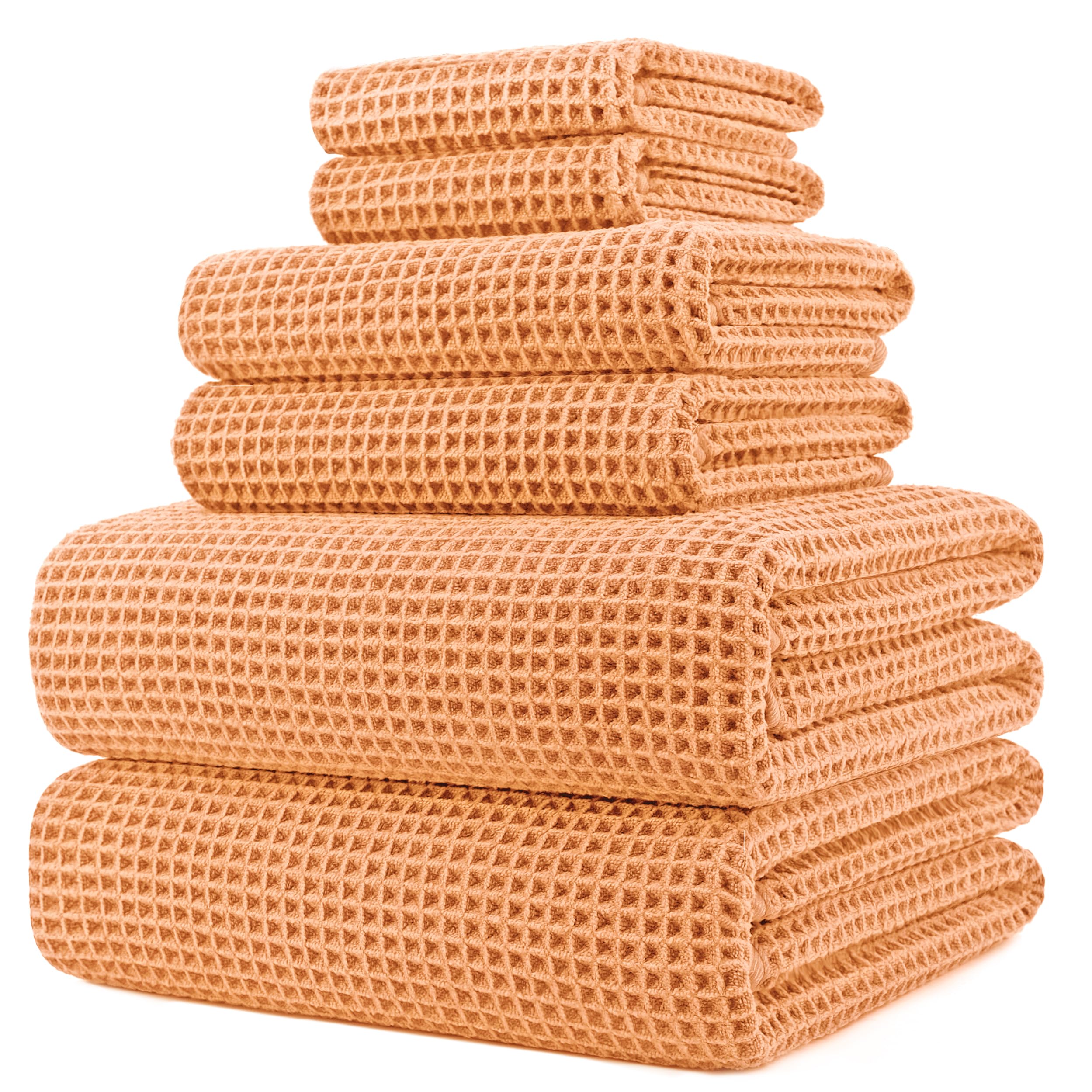 Polyte Microfiber Waffle Weave Bath Towel Set - 6 Piece Quick Dry - Orange