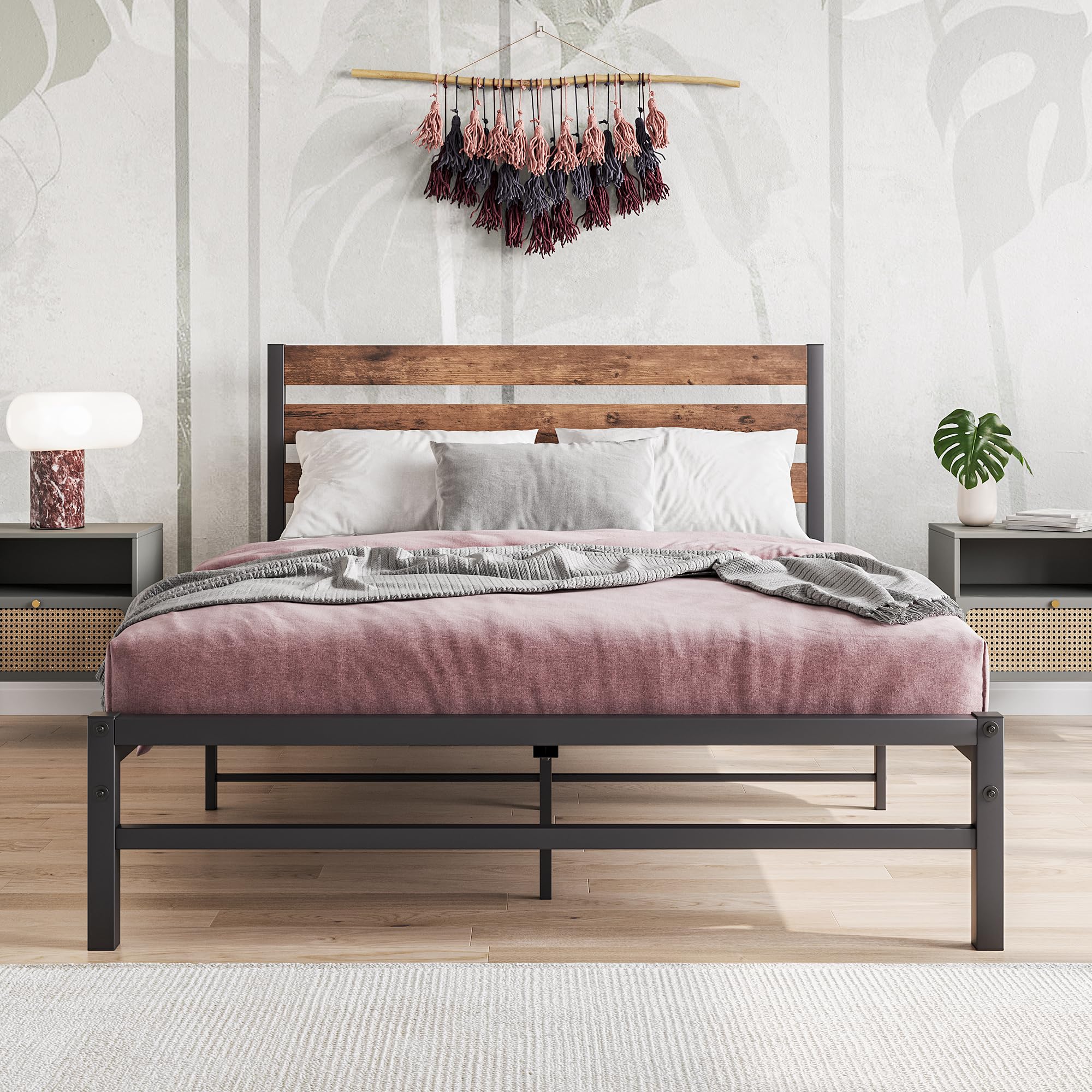 BORPHOM Double Metal Platform Bed Frame with Rustic Wood Headboard