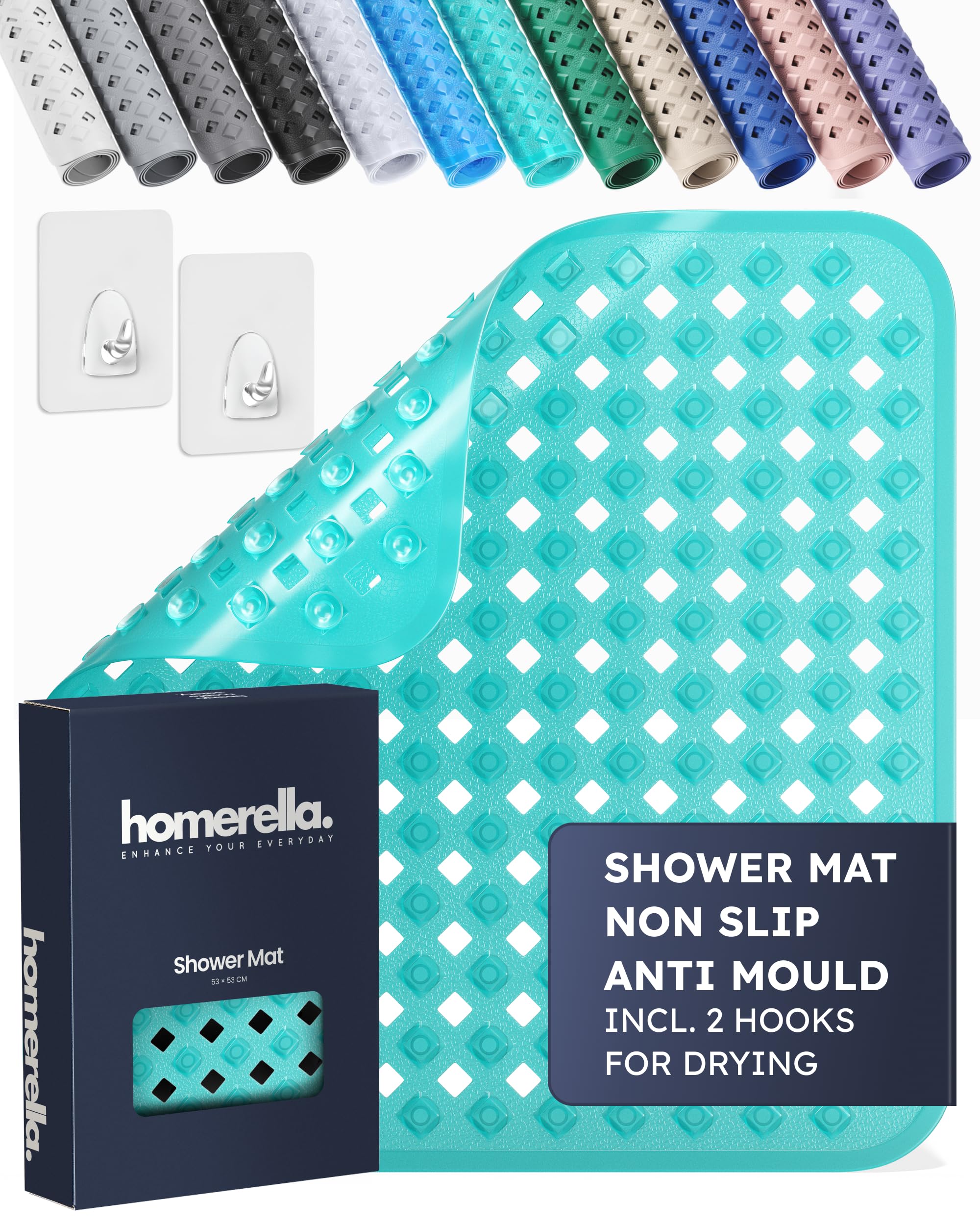 Homerella Non-Slip Shower Mat – 53x53cm Anti-Mould Bath Mat with Hooks
