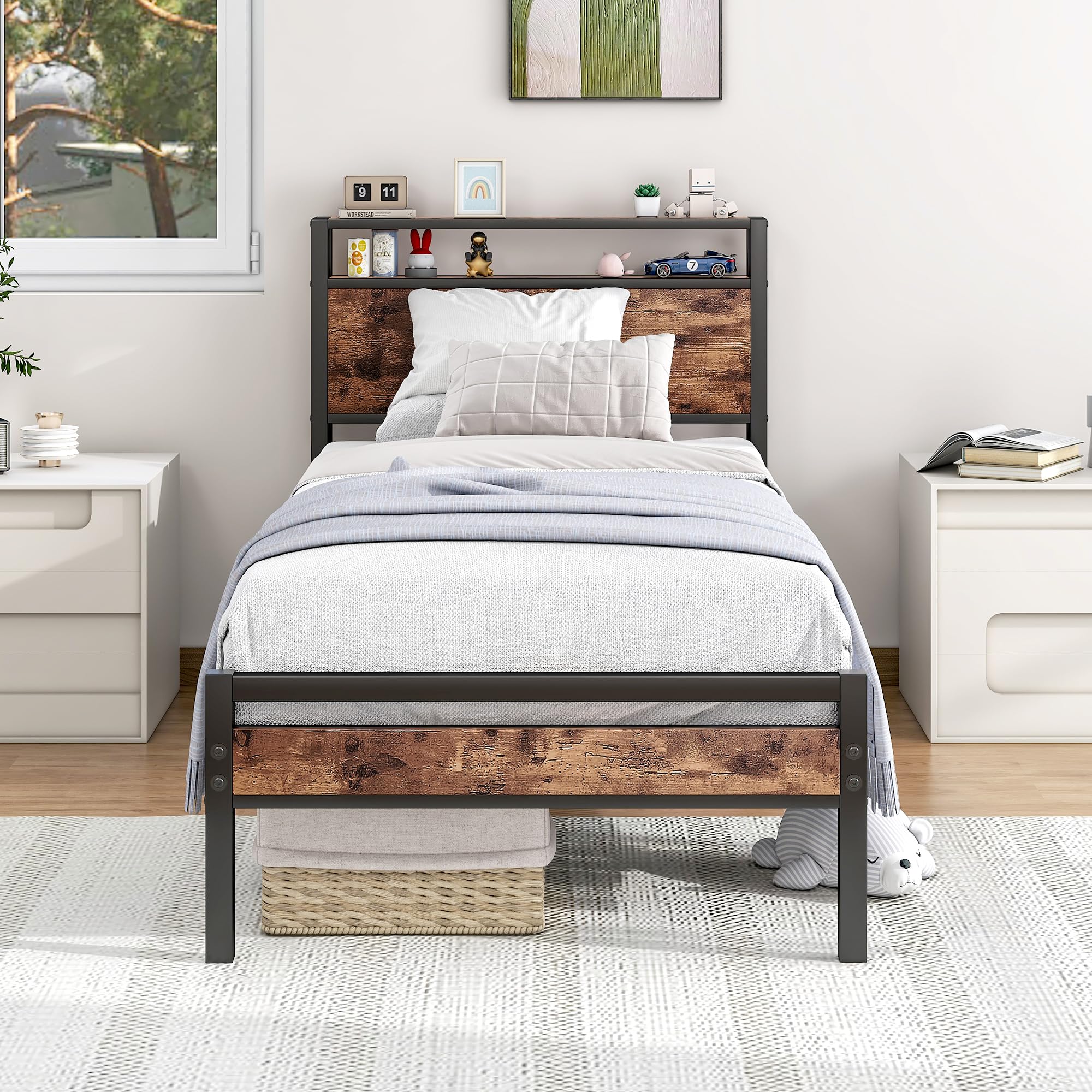 HOJINLINERO 3ft Single Metal Bed Frame with Storage Headboard – Black