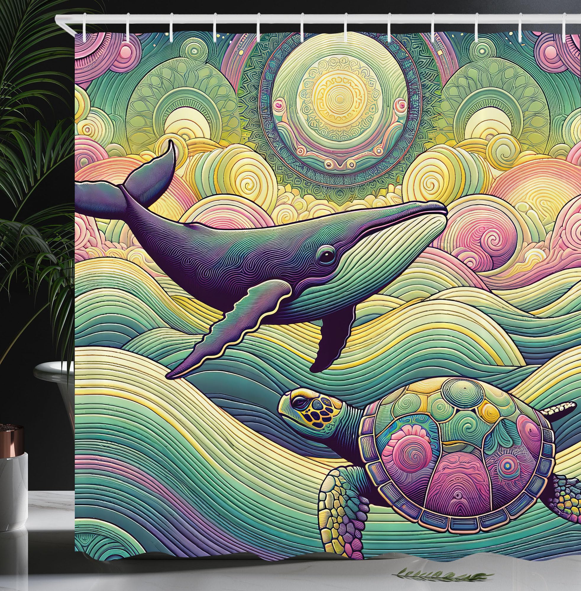 Abakuhaus Nautical Shower Curtain | Whale & Turtle Waterproof Fabric Decor