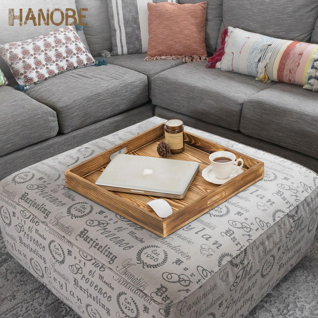 Hanobe Square Large Ottoman Tray – Rustic Wood Serving Tray with Handles