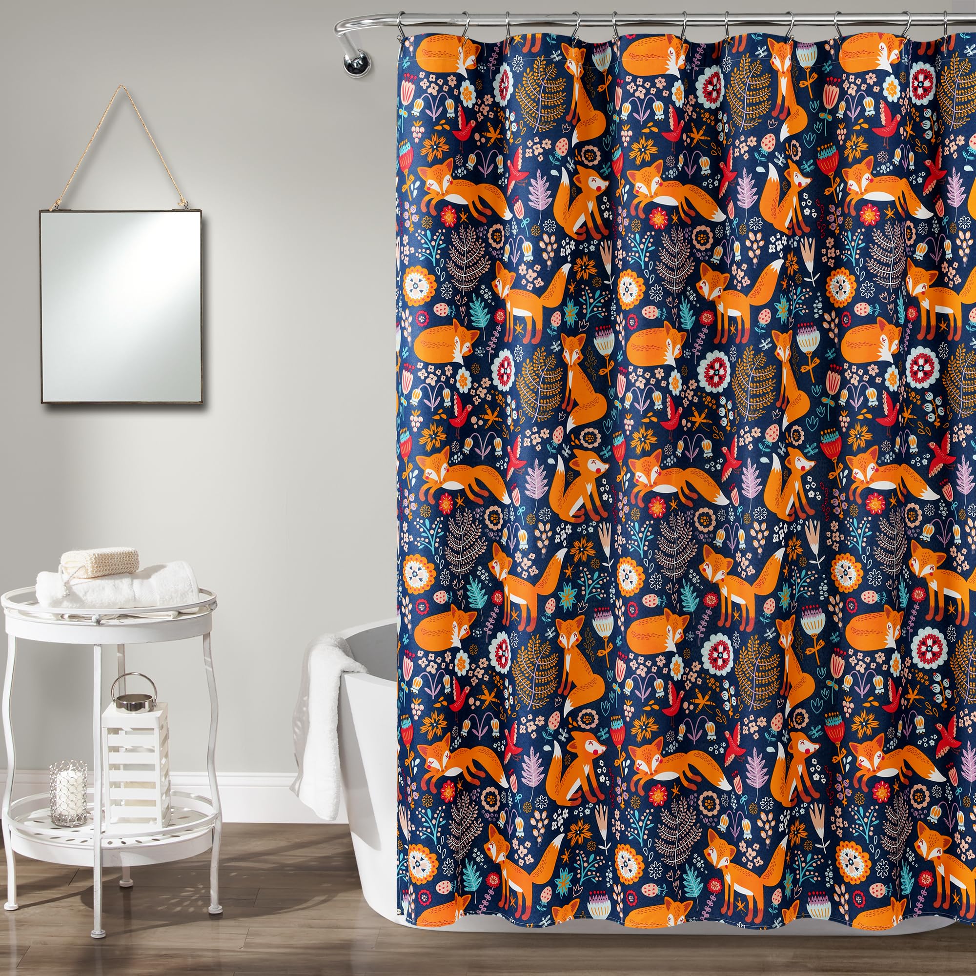 Lush Decor Pixie Fox Shower Curtain – Navy Woodland Floral Microfiber
