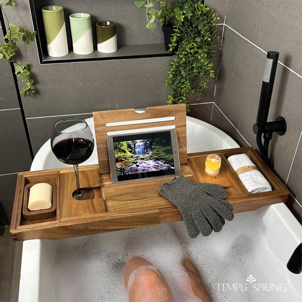 Temple Spring Acacia Wood Bath Tray – Extendable Bathtub Caddy Shelf