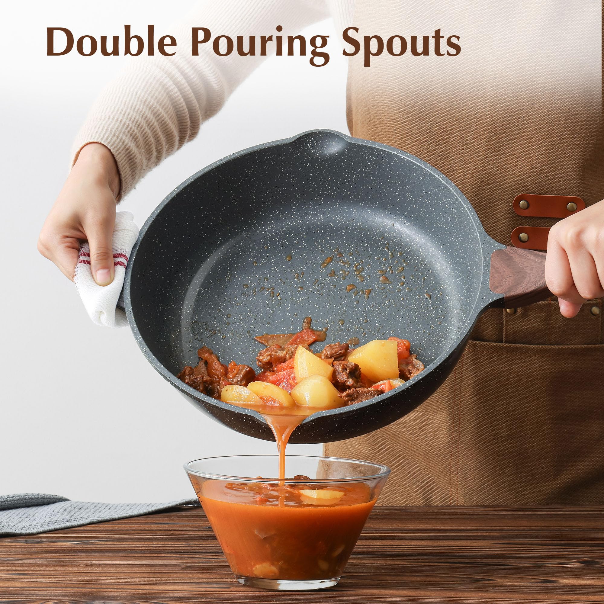 Sensarte Nonstick Deep Frying Pan | 28cm Granite Saute Pan with Glass Lid