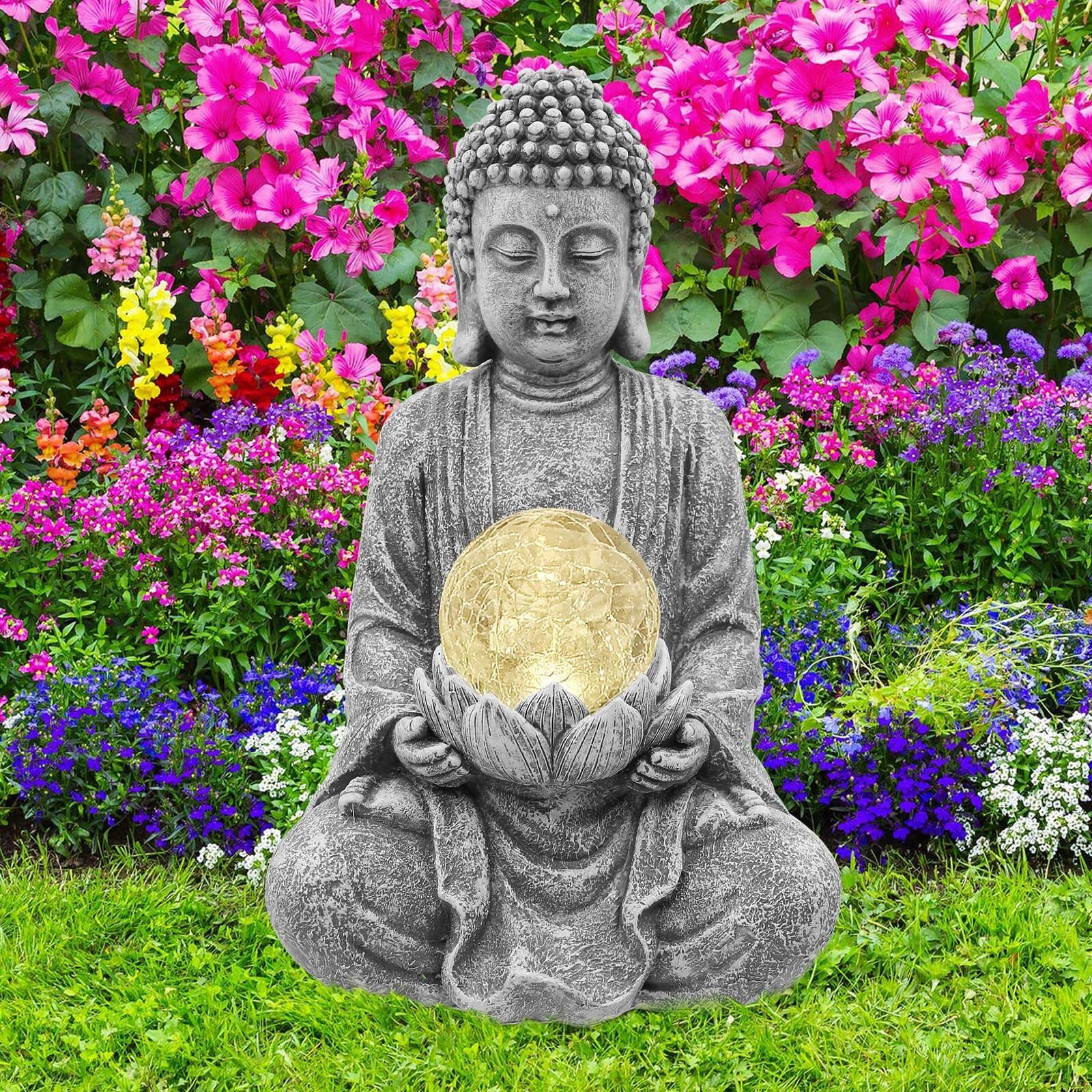 Goodeco Solar Zen Buddha Statue | Grey Polyresin Garden Decor with LED Ball