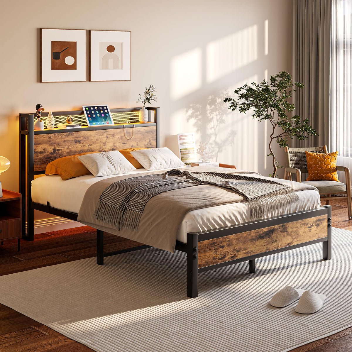 Diahomy 4ft6 Double Bed Frame with LED Lights&Charging Station,Brown - image 3