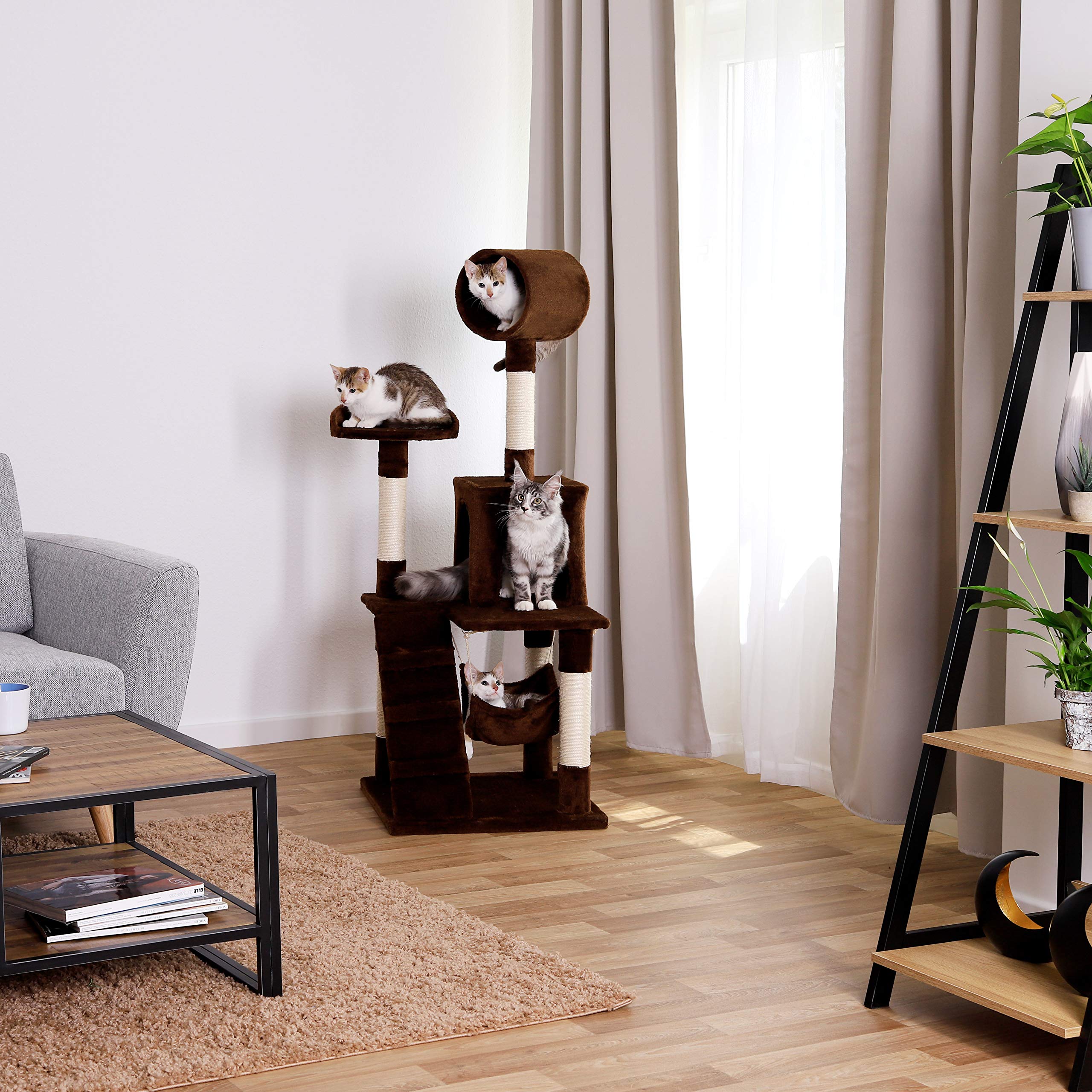 lionto Cat Tree with Hammock & Tunnel – 133cm Sisal Scratching Post