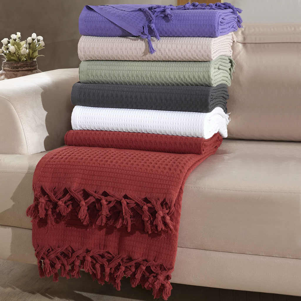 Milam London Burgundy Cotton Waffle Throw Blanket | King Size Bedspread