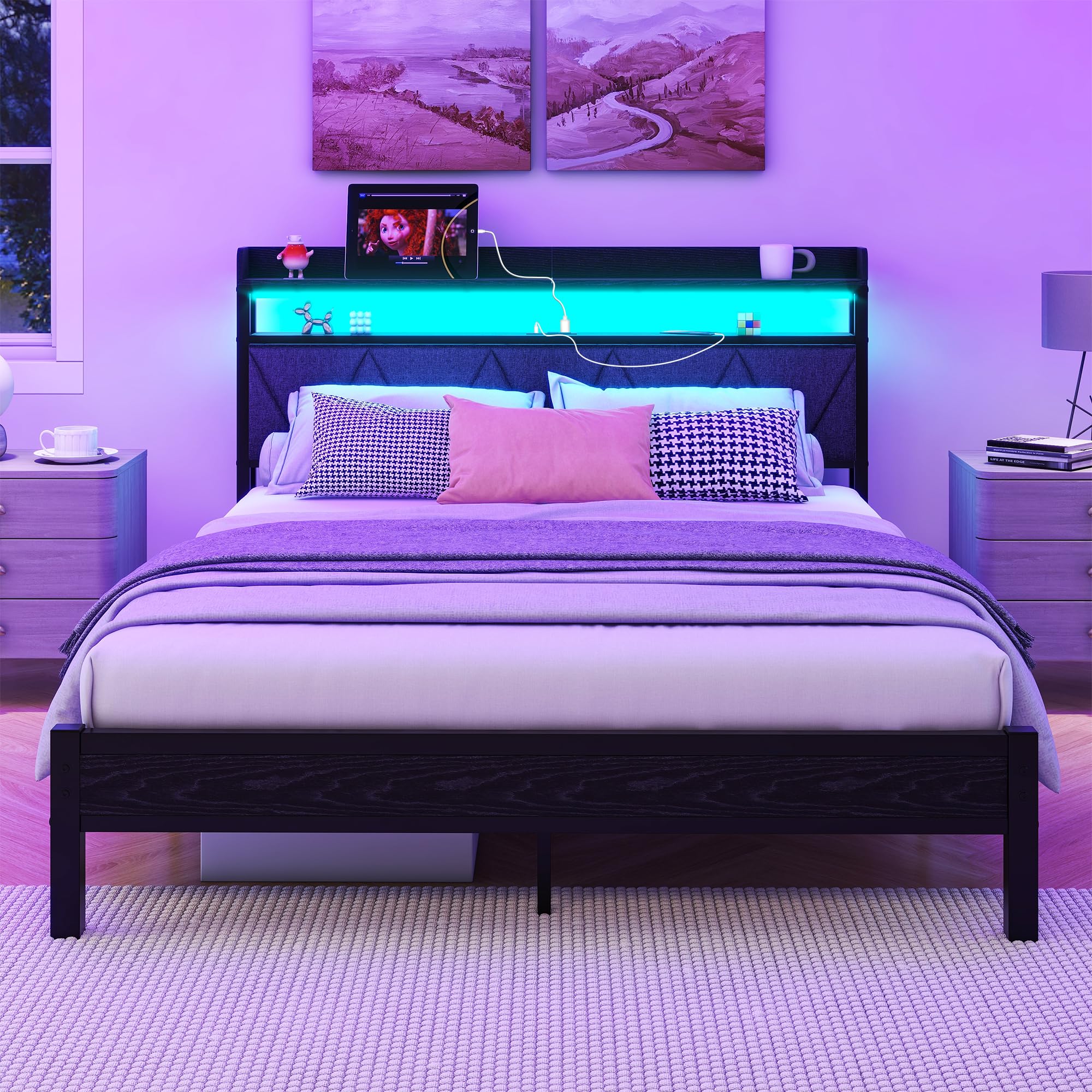 VERFARM King Bed Frame with LED Storage Headboard and Charging Station